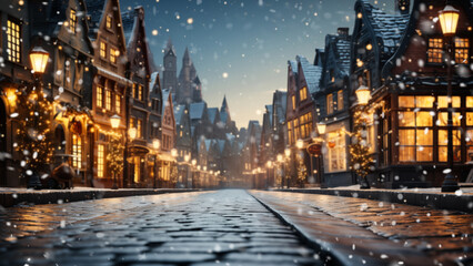 Fototapeta na wymiar Enchanted snowy evening on a vintage street adorned with holiday lights
