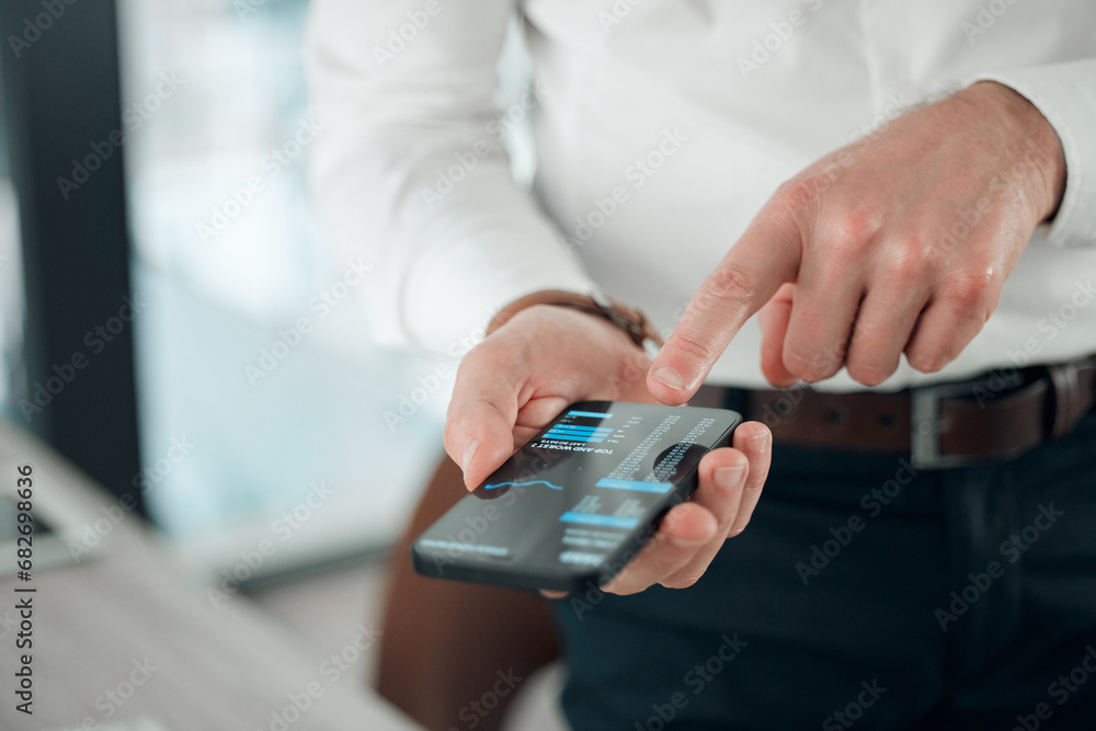 Poster phone screen, hands and professional trading person point, typing or scroll for stock market metrics