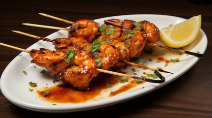 an image of a sizzling barbecue shrimp skewer with a glaze of garlic butter