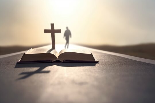 Open bible on the road. Way to heavens, salvation. Walking towards a cross. Christianity, gospel, worship, devotion concept