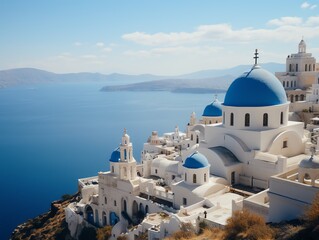 a white building with blue domes and a blue roof with Santorini in the background - obrazy, fototapety, plakaty