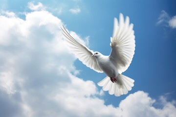 Obraz premium Holy spirit bird flies in blue sky, bright light shines from heaven. Flying white dove descends from sky. Christian symbol of Holy Spirit, peace