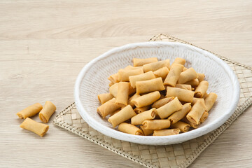 Sumpia, Indonesian traditional pastry snack with crunchy texture and savory taste with shrimp floss...