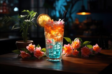 Iced summer cocktail with orange garnish on dark background. Generative AI