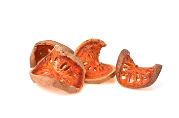 Heap of Dry Bael Fruit tea, Aegle marmelon on white