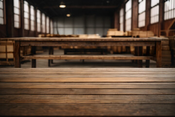 empty wooden table with blurred warehouse backdrop