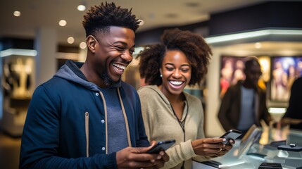 a man and woman looking at their phones - obrazy, fototapety, plakaty