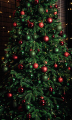 A glowing Christmas tree decorated with red and green balloons for the festive season.Background on Christmas and New Year's Eve.
