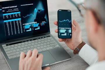 Laptop, smartphone and screen for stock market, businessman and finance or shares, broker and tech....