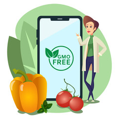 A girl with a smartphone recommends non-GMO products. Vegetables, peppers, tomatoes, healthy eating concept. Vector