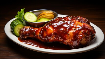 an image of a spicy barbecue chicken drumstick with a side of pickles