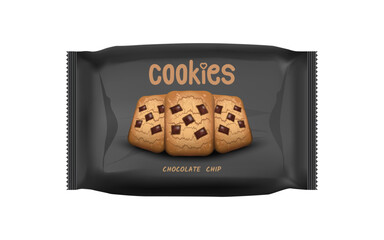 Design packaging template for chocolate chip cookies snack. Vector illustration EPS 10. - obrazy, fototapety, plakaty