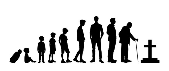 Obraz premium Vector illustration. Silhouette of growing up man from baby to old age. Many people of different ages in a row.