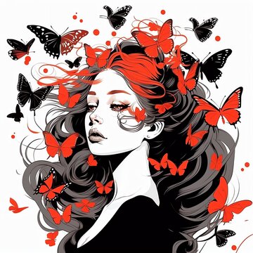 a woman with butterflies in her hair