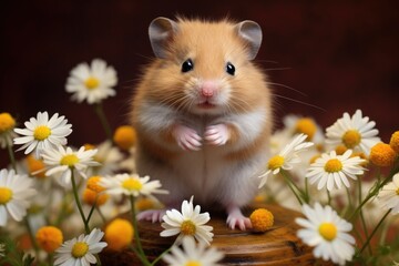 Cute hamster on a flowering meadow with beautiful daisies flowers