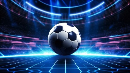 Futuristic Indoor Soccer Field with Glowing White Lines, 3D Illustration of Football in the Center
