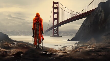 a person in a robe standing in front of a bridge - obrazy, fototapety, plakaty