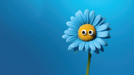 Blue daisy with googly eyes on blue background with copy space. Blue Monday