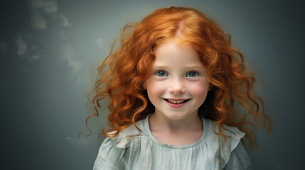 A red-haired freckled girl with a bright smile. A studio photo with a gray background. Generative AI