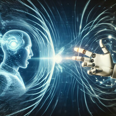  Mind hypnotism telepathy wave. imagination, dream, allusion with artificial intelligence. Robotic hand.  space Generative AI - obrazy, fototapety, plakaty