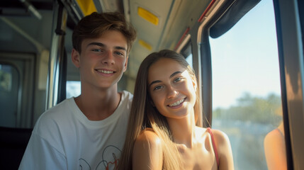 A travel photo of a couple smiling brightly. Close up. Bus background - Generative AI