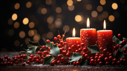 Christmas red candles and holly tree branches, web banner with copy space and bokeh light.