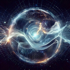 Futuristic Vortex with human Soul  Abstract Blue and White . energy of fractal realms. Circle Wave of energy floating in the background. AI