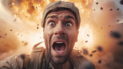 Selfie portrait of a white soldier against the background of a large explosion, AI generated, background image