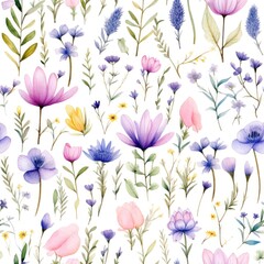 Seamless pattern of watercolor field flowers white background