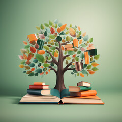 Creative tree growth with books leaves concept for Teacher's Day. AI generated.