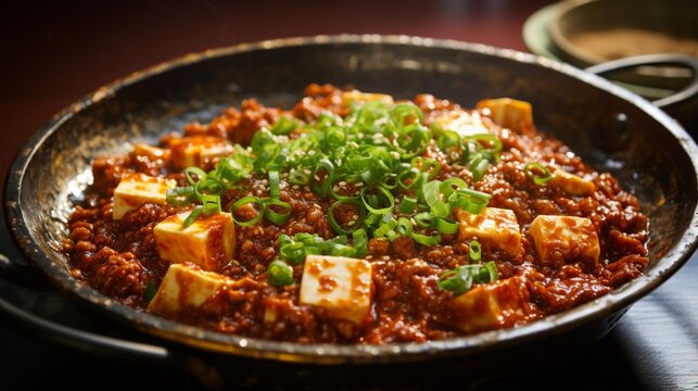 an image of a steaming plate of spicy mapo tofu with minced pork