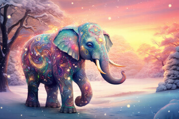 elephant with surreal colorful art in the snow, beautiful winter scene