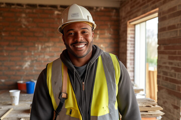 Smiling men bricklayer in work clothes on a construction site. Mason at work. Black men. African American man. Job. construction company. AI