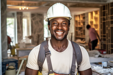 Smiling men bricklayer in work clothes on a construction site. Mason at work. Black men. African American man. Job. construction company. AI
