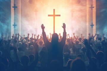 Church worship concept. Christians with raised hands pray and worship to the cross in church building. Salvation, gospel, faith, christian Easter, Good friday - obrazy, fototapety, plakaty