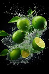 Limes with leaves and water splashes in the air. black background