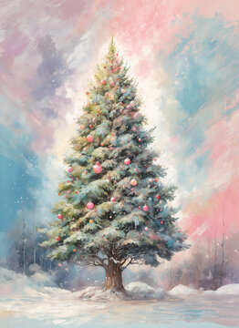 Abstract oil painting of Christmas tree, pastel colors splash, snowy winter landscape. Merry Christmas and New Year with Xmas tree decoration for invitation or greeting card