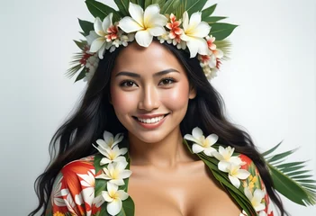 Foto op Canvas Beautiful young asian woman with plumeria flowers in her hair and smile © Mystic