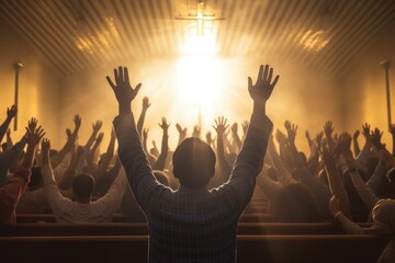 Church worship concept. Christians with raised hands pray and worship to the cross in church building. Salvation, gospel, faith, christian Easter, Good friday - obrazy, fototapety, plakaty