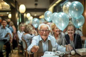 Foto op Canvas A group of elderly people celebrating with balloons at a table. © Degimages