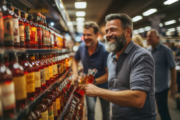 Two men looking at bottles of alcohol in a store. - obrazy, fototapety, plakaty