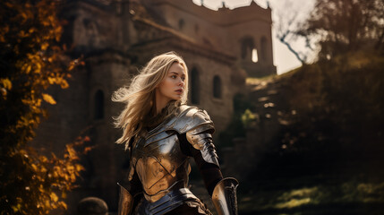  medieval beautiful blonde woman in armor against the background of a castle