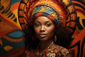 Elegant woman with traditional African headscarf against patterned backdrop. Cultural identity.