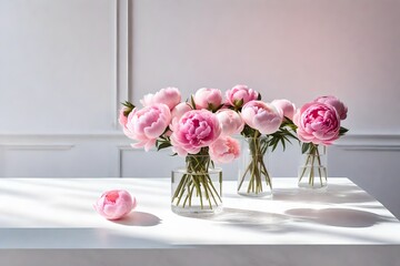 "Generate a compelling 3D rendering featuring a scene with pink peonies in a glass vase on an empty table positioned opposite a white wall with a window.