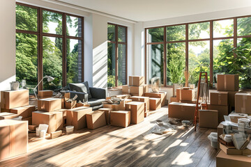 A living room filled with lots of boxes packaging for moving. - obrazy, fototapety, plakaty