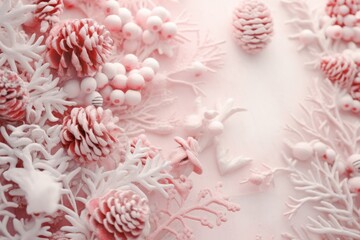 Handcrafted floral and conifer cone decor, soft pink hues, showcasing artistic decorative arrangement and creativity.