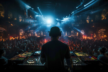 Photo of a DJ performing live at a high-energy concert, captivating a crowd with their music