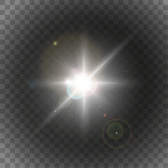 Set of realistic vector gold and white stars png. Set of vector suns png. Golden flares with highlights.
