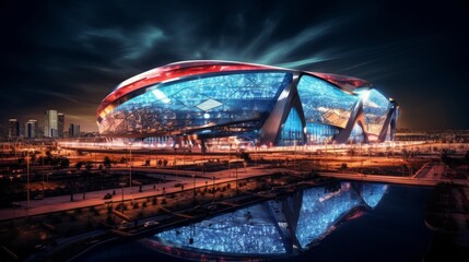 vibrant night view of nfl super bowl stadium illuminated - american football atmosphere - obrazy, fototapety, plakaty