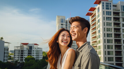 An model couple against the backdrop of an apartment skyline, portraying a happy life with a home and family, filled with vibrant expressions - Generative AI